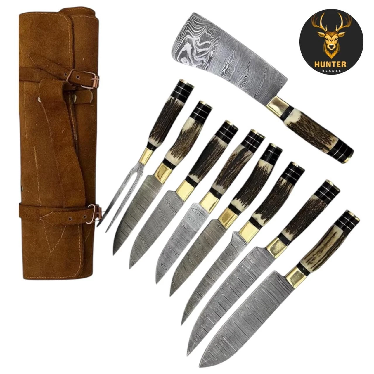CHEF SET | Handmade Stag Horn, Deer Antler Damascus Chef Set 9 Knives - Sheath
