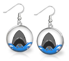 Shark Glass Top French Wire Earrings Handcrafted Sea Life Photo Jewelry