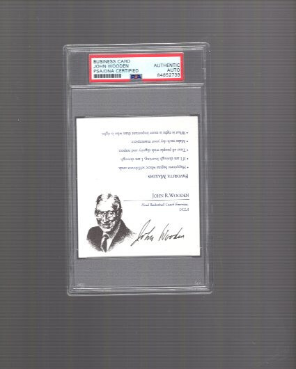 John Wooden Autographed Signed HAND PYRAMID OF SUCCESS BUSINESS CARD RARE PSA SLABBED 
