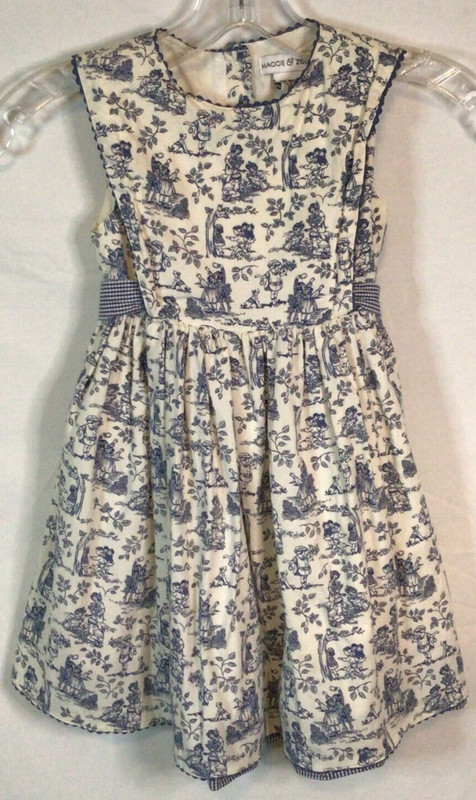 Maggie & Zoe Layered Tiered Summer Dress Child Print Blue White Kids Playing 4T