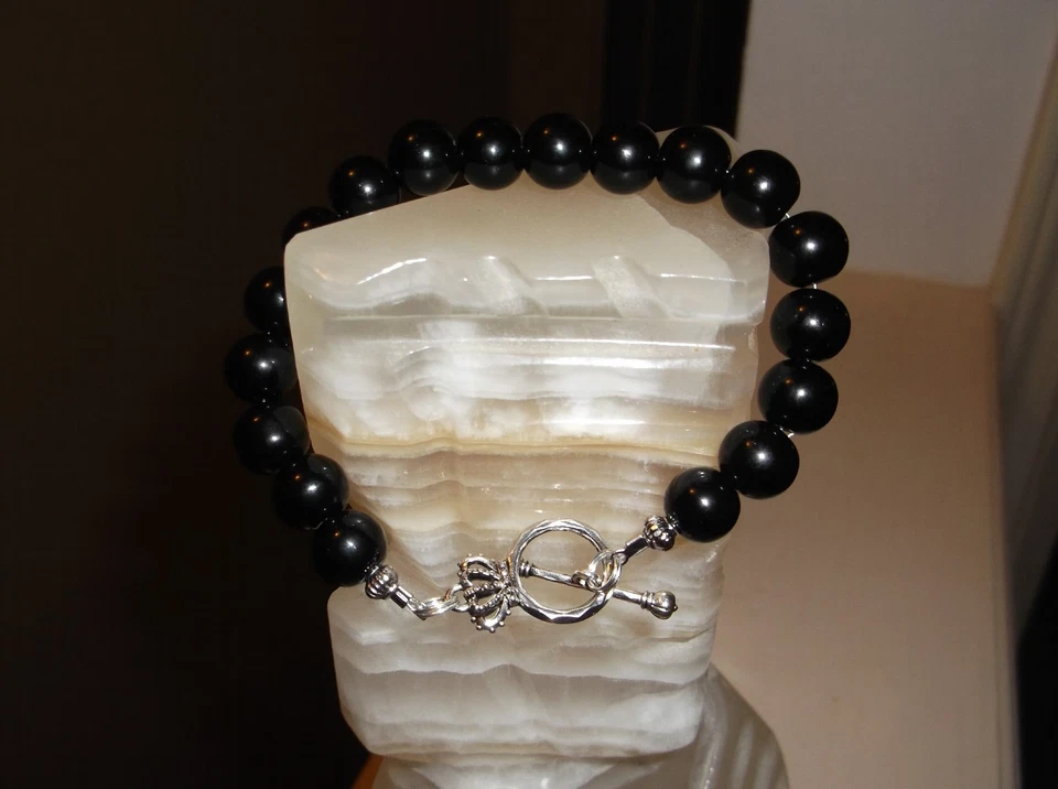 PULSERA HOMBRE HECHA A MANO 8 1/2" 10MM ÁGATA NEGRA ÓNIX CUENTAS Foto 4 de 4