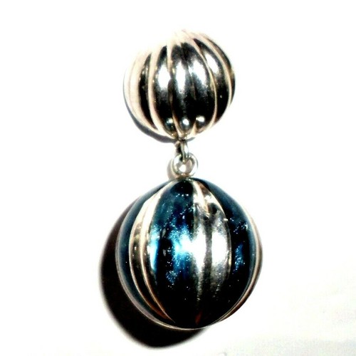 Vintage Sterling Silver Enamel BIG Bobble Scalloped Bead Dangle Earrings Disco!