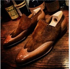 Handmade Men Brown Suede and Tan Brogue Shoes for Men, Men Formal Dress Shoes