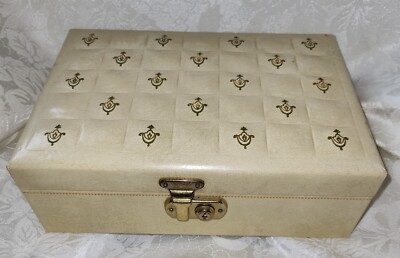 Vintage 1960s Mele Jewelry Box Ivory Faux Leather Red Velvet Dividers No  Key