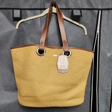 NEW WITH TAGS Sun N Sand Leather And Wicker Woven Handbag/Beach Tote Brown/Tan