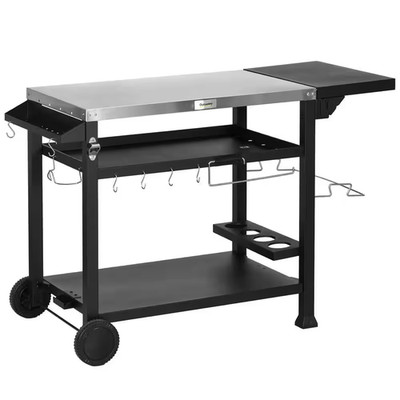 Black Outdoor Stainless Steel Grill Cart with Foldable Side Table, 3-Shelf, Mova