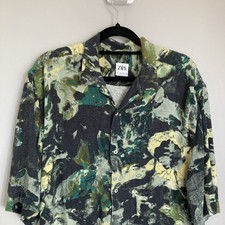 Cuban Camp Collar Shirt Mens Large Relaxed Fit Linen Blend Green Abstract Summer