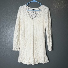 Wild Fable Ivory Lace Long Sleeve Mini Dress Medium Boho Ruffle Hem