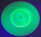 Vintage 1930s Uranium Glass Roulette Pattern 11-1/4" Round Plate Anchor Hocking
