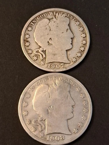 Lot (2) 1907-P & 08-P Barber Half Dollar Coins