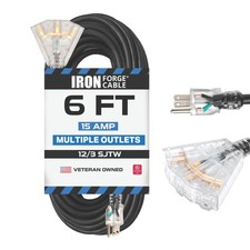 Black 12 Gauge Heavy Duty Extension Cord 6 Ft 12/3 SJTOW 3 Prong Multiple