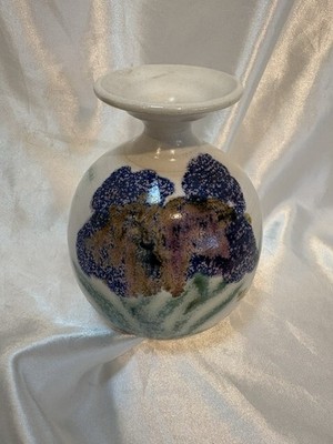 Clouds Folsom Pottery Bud Vase Hand Painted Flower 5-1/2  Tall Signed
