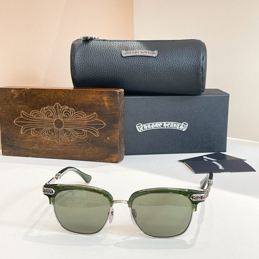 Chrome Hearts Green Lens Sunglasses Silver Frame Cross Temples Unisex w/ Case