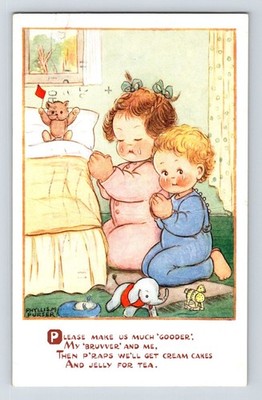 Kinder: Künstler signiert, Phyllis M. Purser. Beten mit Teddybär. Posted 1950