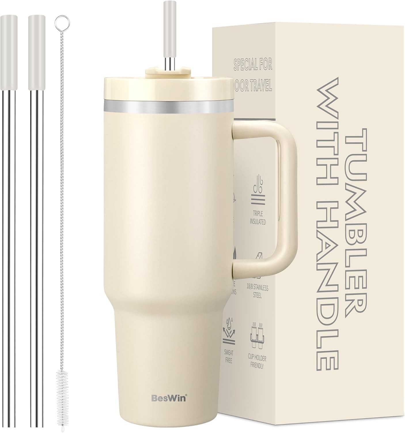 BesWin 40 oz Tumbler with Handle and Straw, Vacuum Insulated Stainless Steel Do