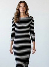 Talbots Women's Navy & White Stripe Dress 3/4 Sleeves Brass Buttons Med Petite
