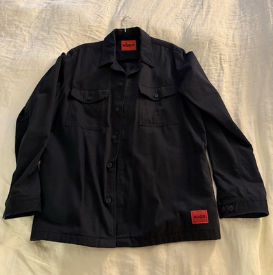 HUGO Men's Black Shirt Jacket L Button Front Logo Patch, Chest Pockets