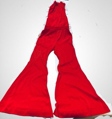 #ad Vintage Style Red High Waisted Wide Leg Bell Bottom Jumpsuit Open Back Size M $85.00