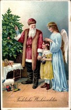 Präge Ak Frohe Weihnachten, Weihnachtsmann, Engel, Tannenbaum - 4970857