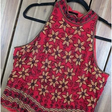 Adrianna Papell Boutique Evening Vintage Silk Beaded Floral Halter Top Large