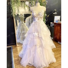 Vintage Bride Floral Lace Puffy Wedding Dress with V Neck Wedding Gown Backless