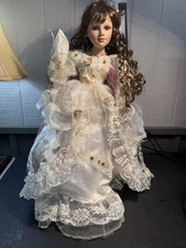 24” Vintage Porcelain Doll Victorian Lace Dress Curls Black Shoes