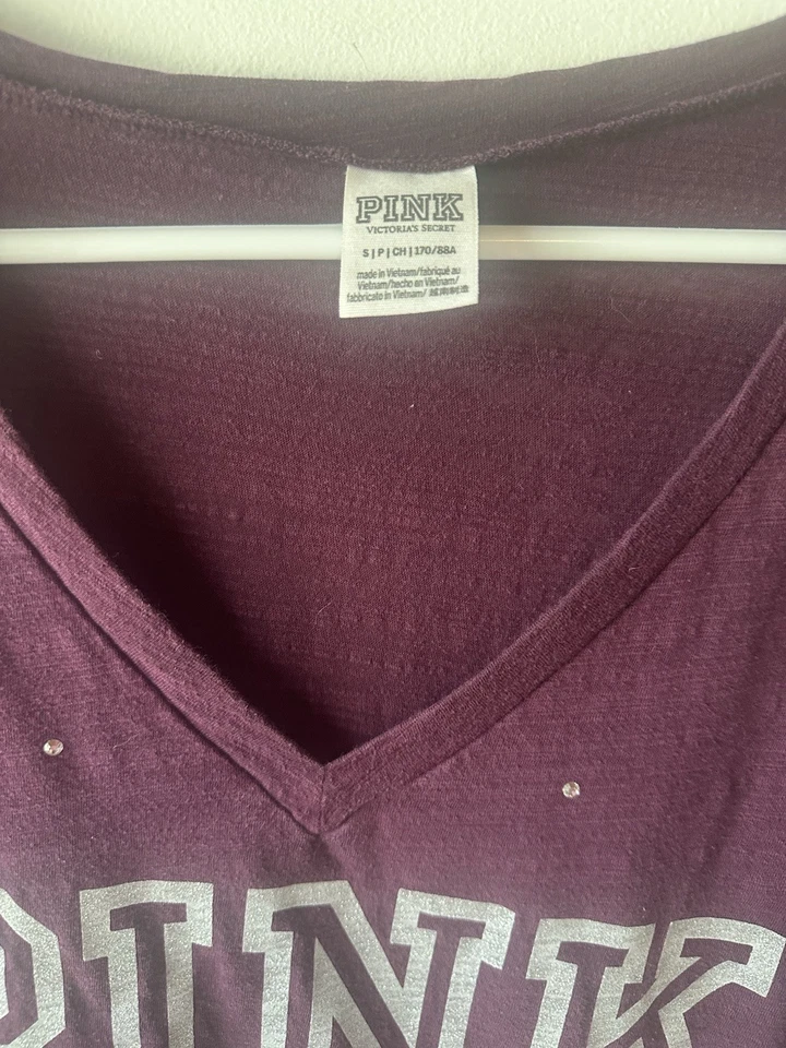 Victoria’s Secret Pink Burgundy Rhinestone Sequin Bling V Neck Top S - Image 3 of 4