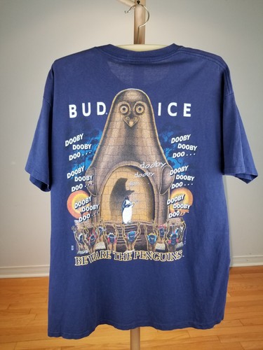 VINTAGE 1997 BUDWEISER ICE BUD ICE BEWARE THIS PENGUINS NAVY T-SHIRT SZ XLARGE