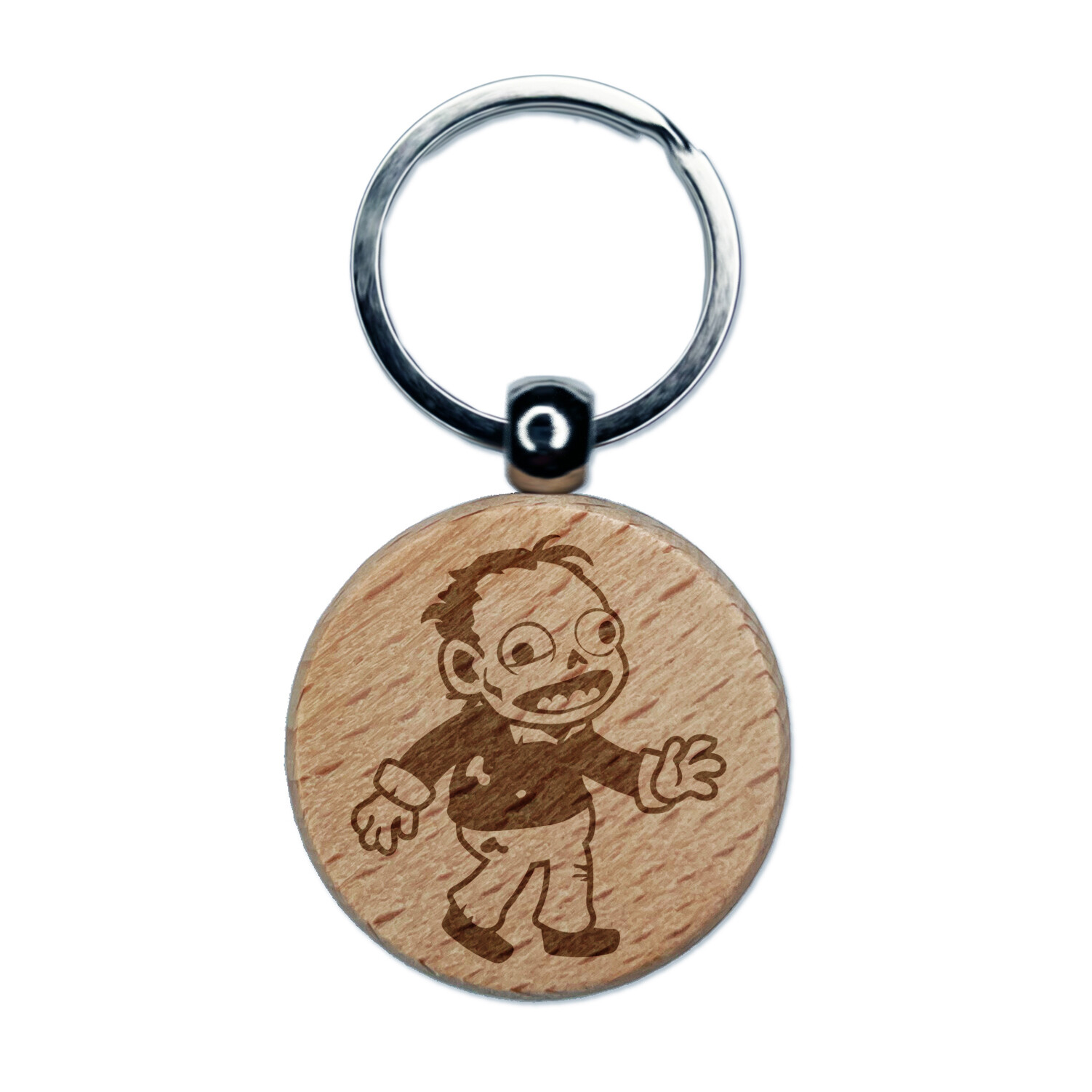 Happy Zombie Shambling Undead Monster Engraved Wood Round Keychain Tag Charm