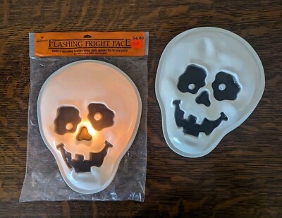 2 Vintage NEW Hallmark Skeleton Skull FLASHING FRIGHT FACE Window Wall Light NEW