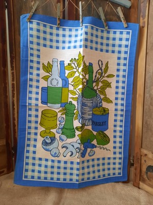 1x Vintage Retro Baumwolle Geschirrtuch 60er 70er Midcentury alt original Küche blau