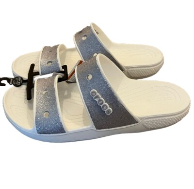 Crocs Classic Glitter 2 Strap Casual Sandal Silver Metallic White Men s Size 11