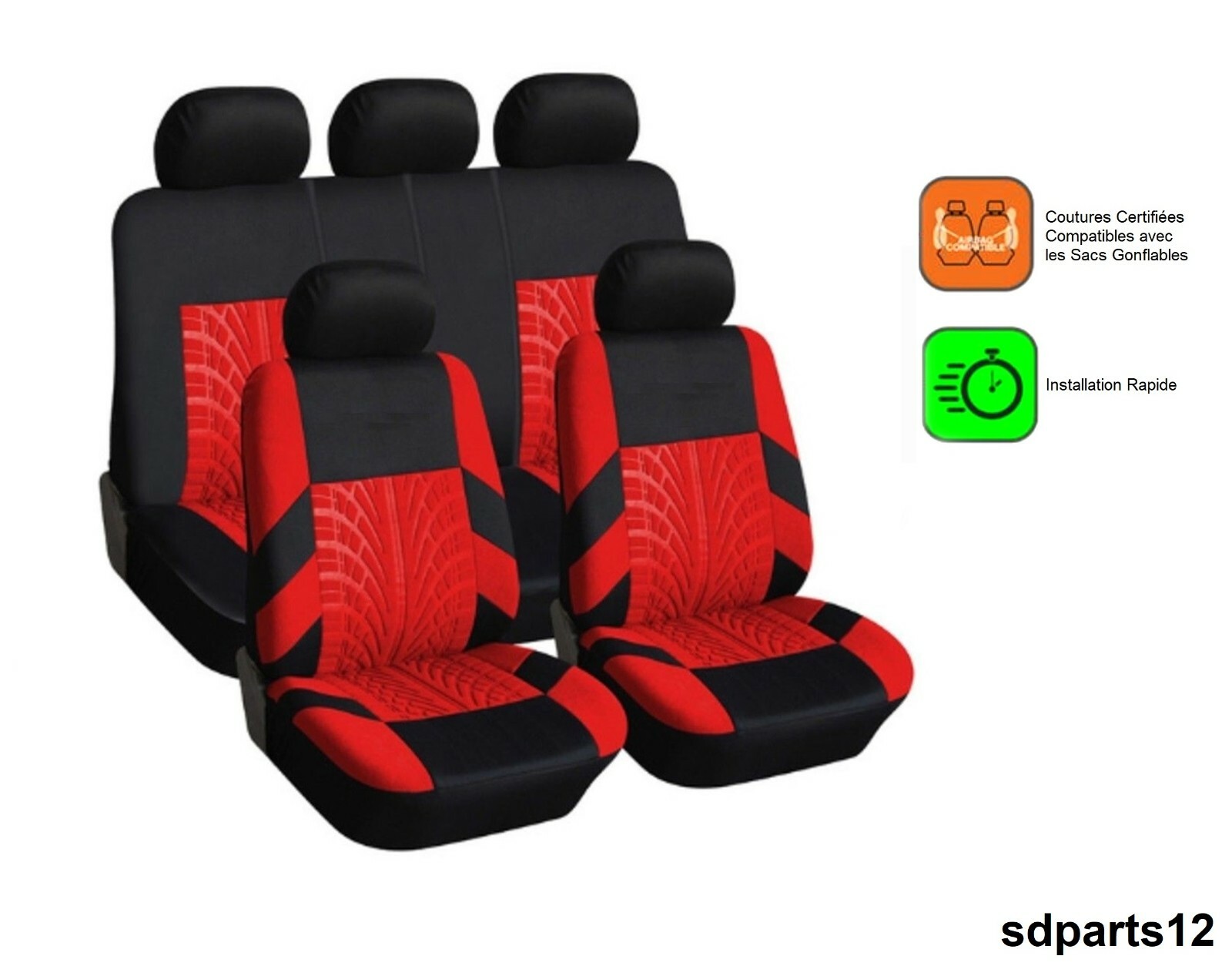 Housses de siege Ford Opel tissu rouge noir | Couvre-sieges auto universels de 9 pieces