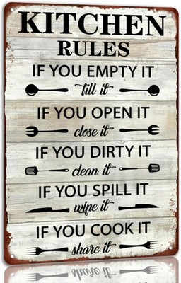 Kitchen Rules Tin Sign Funny Quote Metal Signs Vintage Kitchen Wall Decor For Ho