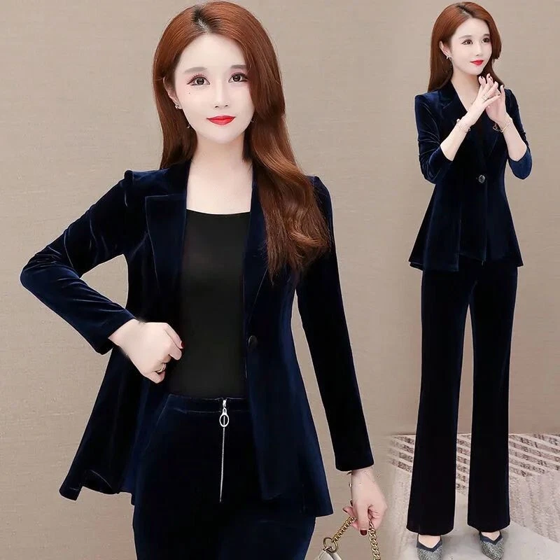 Mode Damen Samt Jacke Blazer Hose Anzug Formelle Business Ol Satz Elegant - Bild 2 von 4