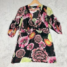 Cabi Gemini Floral V-Neck Blouse Empire Waist Tunic Women M Spring Office Work
