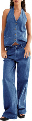 Women'S Two Piece Denim Set Button down Backless Tank Top and Wide Leg Jeans 2 P