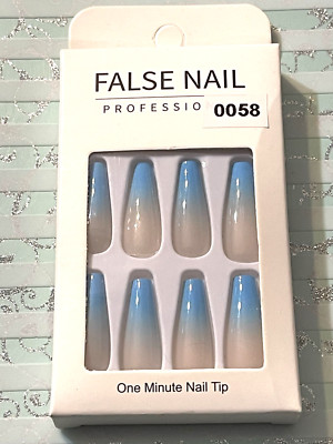 False Nail Professional BLUE & NUDE OMBRÉ Long Coffin Press On Manicure *NEW BOX