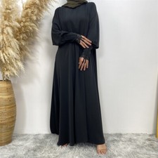Women Loose Robe Muslim Dress Kaftan Solid Color Lace Sleeve Abaya Simple Burqa