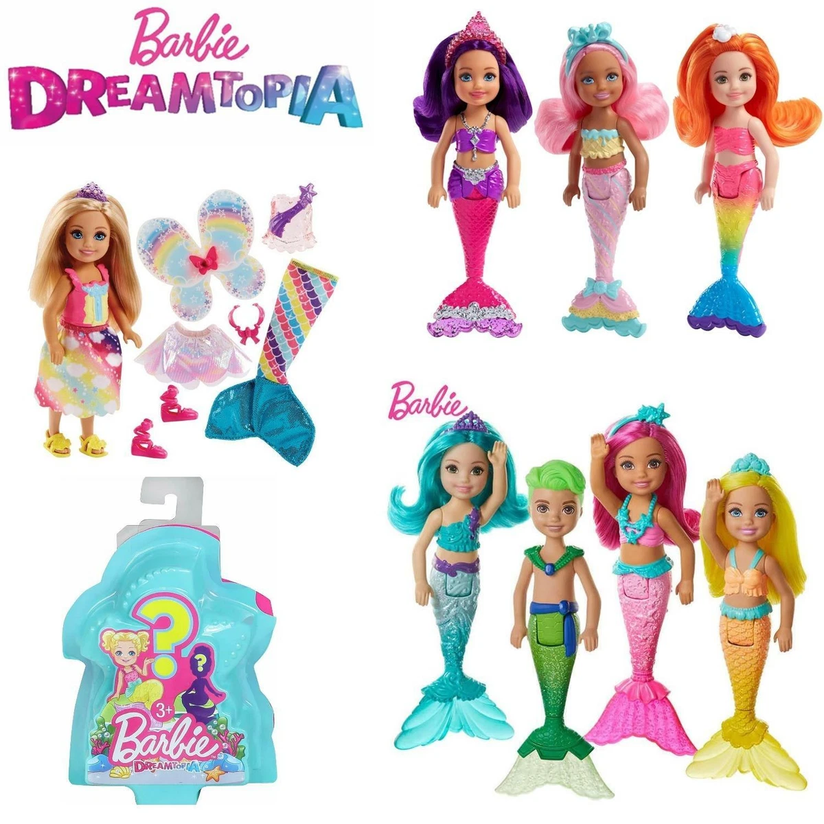 BARBIE DREAMTOPIA CHELSEA RAINBOW COVE MERMAID DOLL PINK PURPLE YELLOW AQUA HAIR