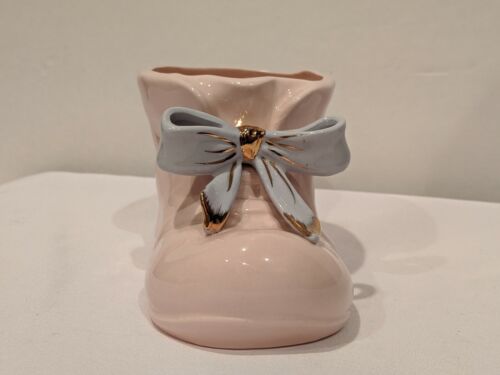 Vintage Napco Ceramic Baby Bootie Planter Pink Gold Nursery Shower Vase Kitsch - Picture 1 of 11