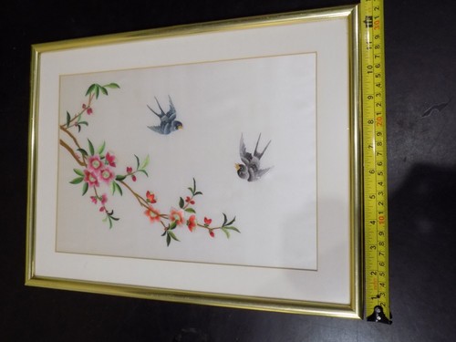 Vintage Birds near the tree Flowers Hand Sewn Silk Pictures golden Framed Art  - Picture 8 of 10