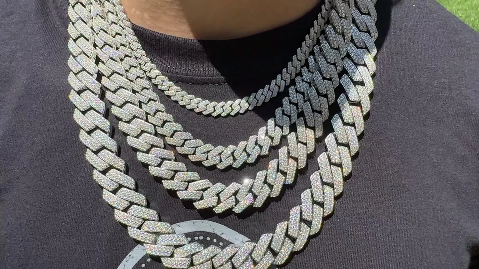 MOISSANITE Real Miami Cuban Link Prong Chain Iced Hip Hop 925 Silver Necklace - Image 2 of 4