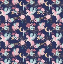 100% Cotton Fabric Unicorn Flowers Pink on dark blue Width 160 cm (62")