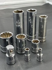 ACE VINTAGE CHROME SOCKETS DEEP METRIC SAE HARDWARE LOT 9 HAND TOOLS CR V 1/2"