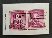 USA: "Pray For Peace" Cancellation on Pair of 1958 4c Coil Stamps of Lincoln