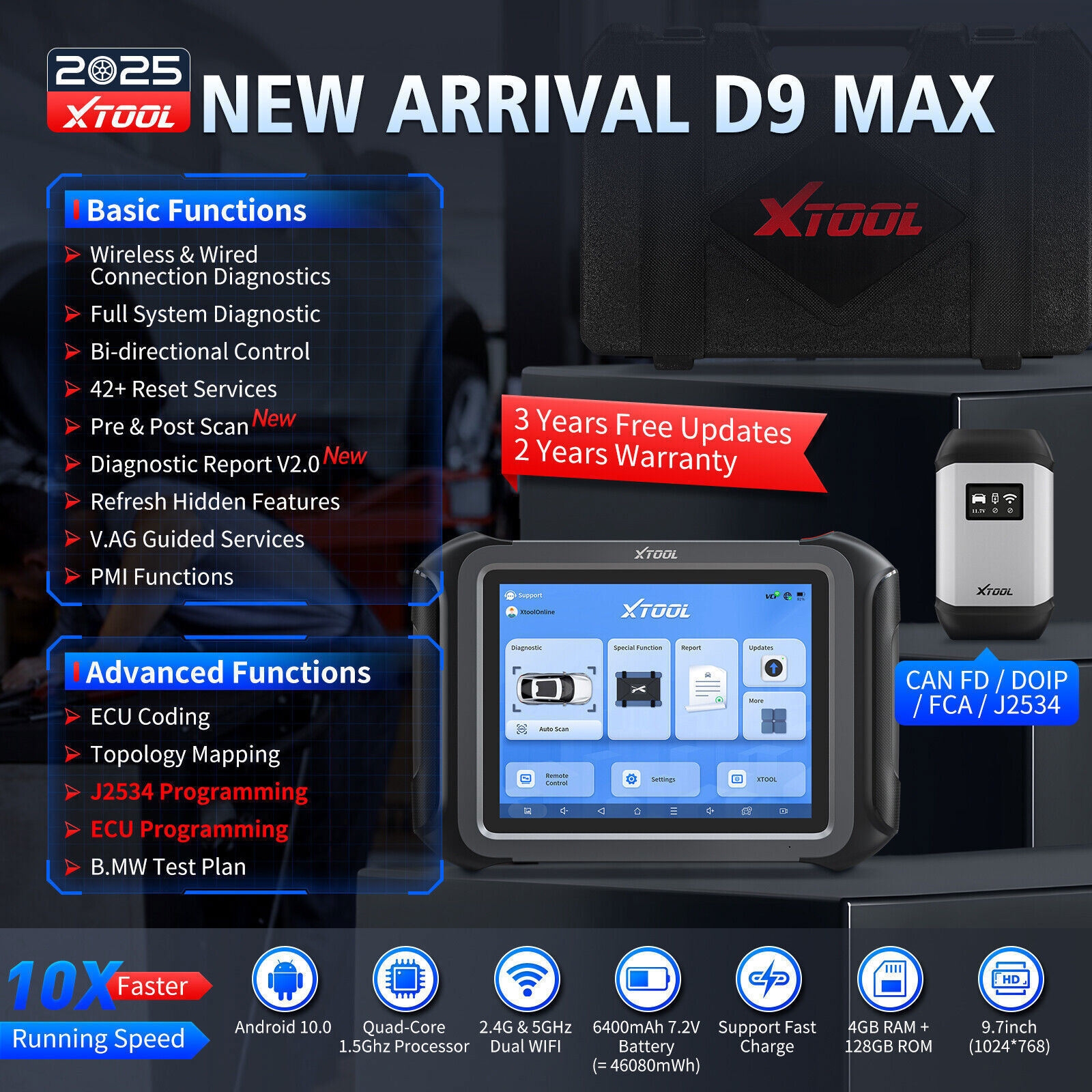 XTOOL Used D9 MAX Car OBD2 Scanner J2534 Programming Diagnostic Tool ECU Coding 
