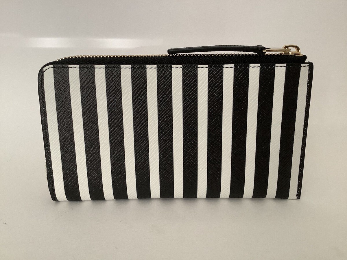 New Smythson 'Panama' Black & White Striped Slim Corner Zip Calf