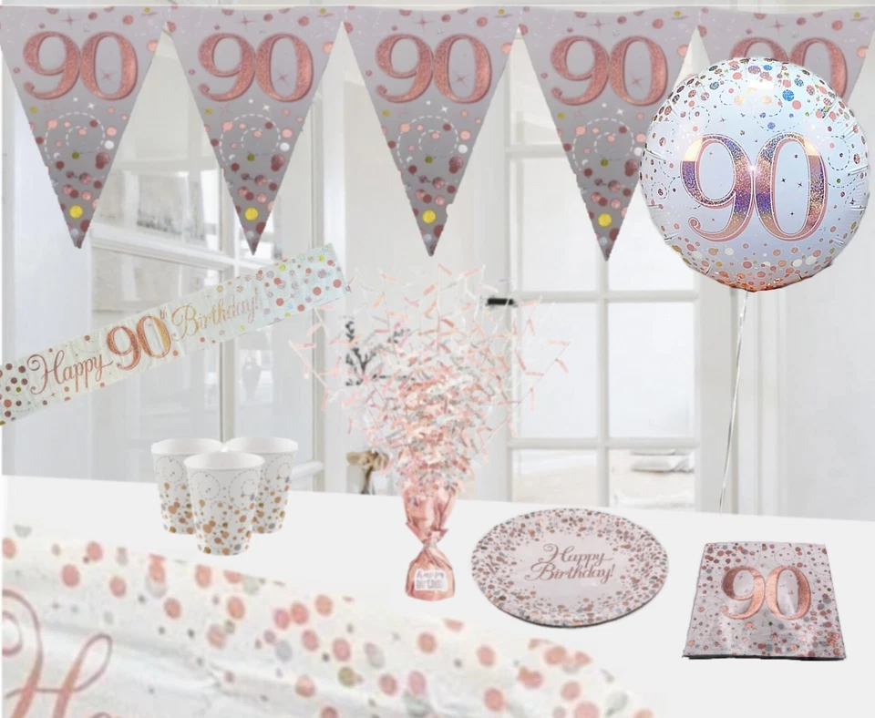 Age 90th & Happy Birthday White Rose Gold Party Decorations Balloons Banners