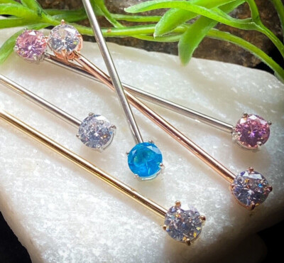 1pc Prong Set Double Gem 14g 38mm 1.5'' Industrial Barbell Steel Ear Piercing
